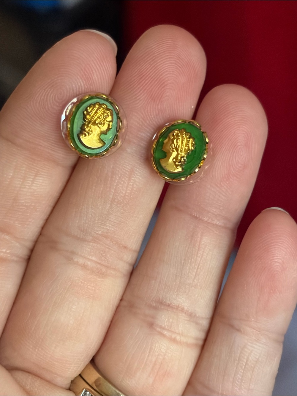 4/$50 Gold and Green Cameo Stud Earrings - Classic Women Jewelry